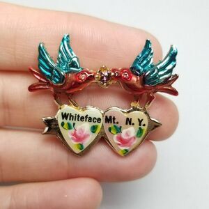 Vintage Whiteface Mountain New York Love Birds Souvenir Brooch, Colorful